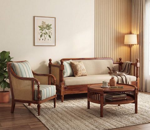 Dyuti Sheesham Wood and Cane Divan Bed with Jade Ivory Mattress (Teak Finish)