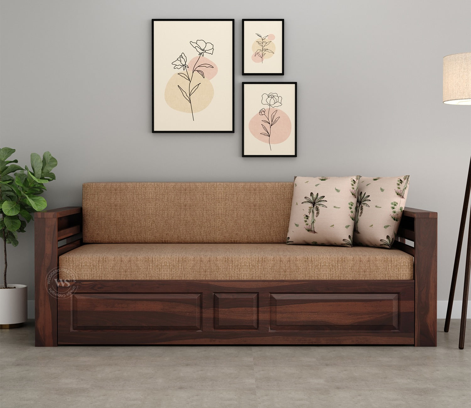 Feltro Sheesham Wood Sofa Bed With Storage (King Size, Walnut Beach Cream)