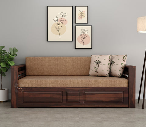 Feltro Sheesham Wood Sofa Bed With Storage (King Size, Walnut Beach Cream)