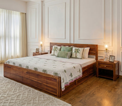 Brixton Sheesham Wood Bed With Box Storage (Queen Size, Honey Finish)