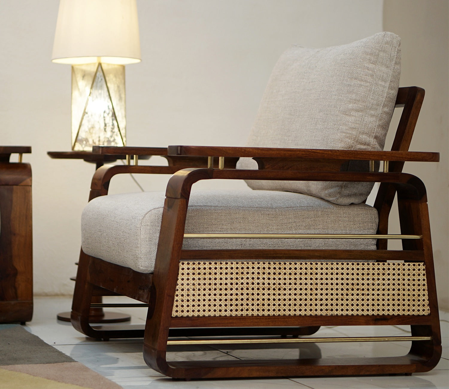 Vedic 3+1+1 Sheesham Wood Sofa Set With Cane and Brass Detailing (Honey Finish, Jade Ivory)