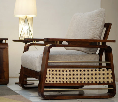 Vedic 3+1+1 Sheesham Wood Sofa Set With Cane and Brass Detailing (Honey Finish, Jade Ivory)