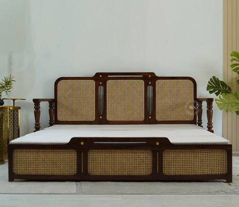 Ayaana Sheesham Wood 3 Seater Sofa Cum Bed with Cane Weaving | Opens to Double Bed (78x62) | Premium Upholstery | Sleeps 2 Adults (Teak Finish, Jade Ivory)