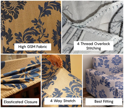 Grace Floral Printed Polyester Spandex 3+1+1 Sofa Cover Set (Blue)