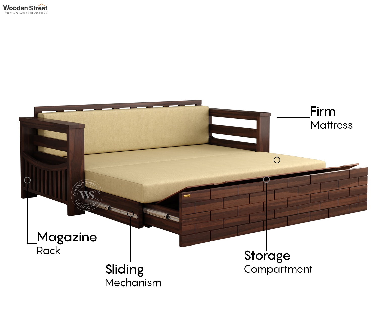 Sereta 3 Seater Sheesham Wood Sofa Cum Bed (King Size, Walnut Finish)
