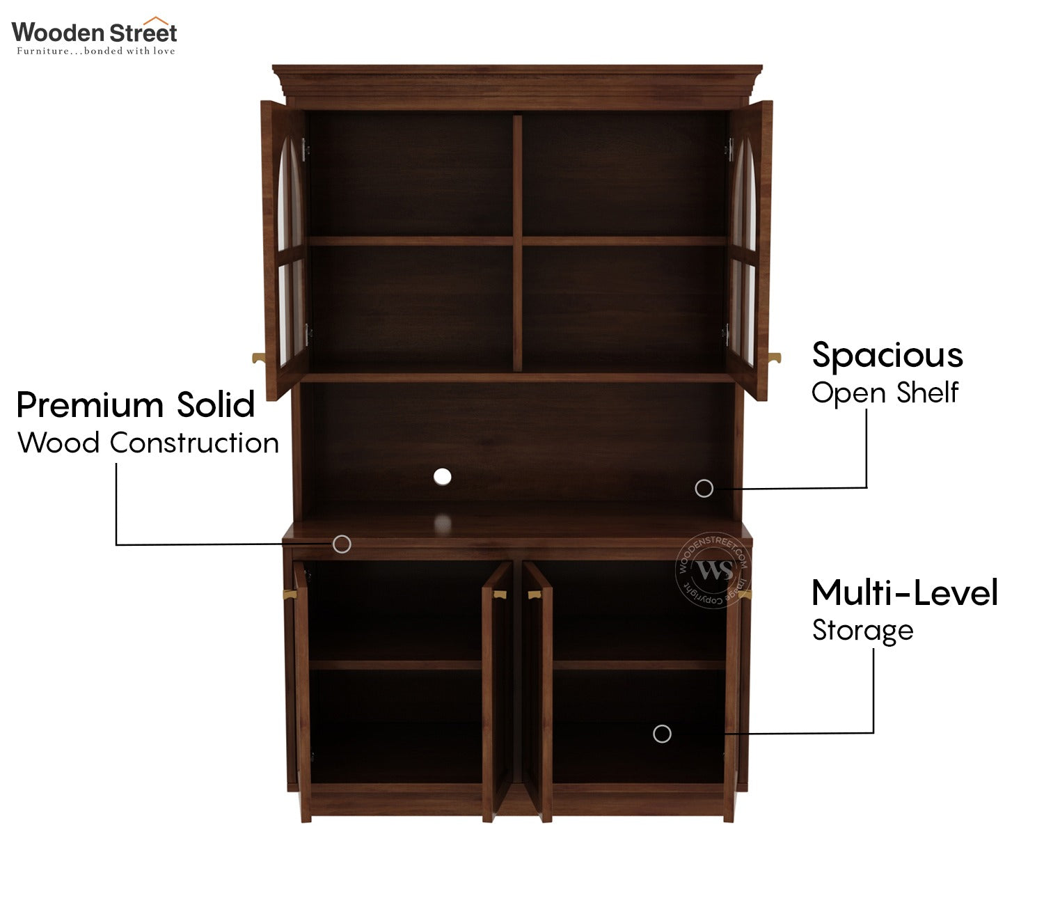 Nivrit Mango Wood Arch Glass Kitchen Cabinet (Teak Finish)