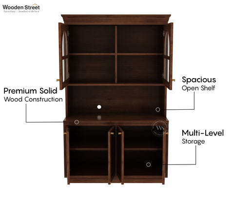 Nivrit Mango Wood Arch Glass Kitchen Cabinet (Teak Finish)