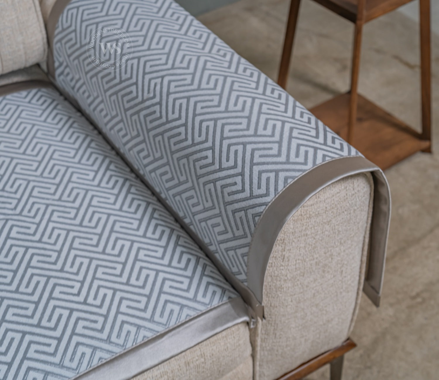 Cream Checkered Abstract Grey Pattern 3 Seater Sofa Cover - Set of 8