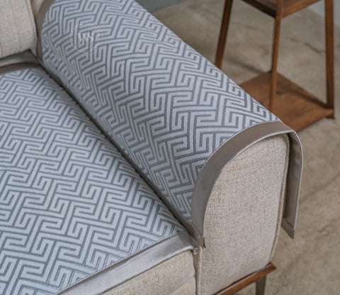 Cream Checkered Abstract Grey Pattern 3 Seater Sofa Cover - Set of 8