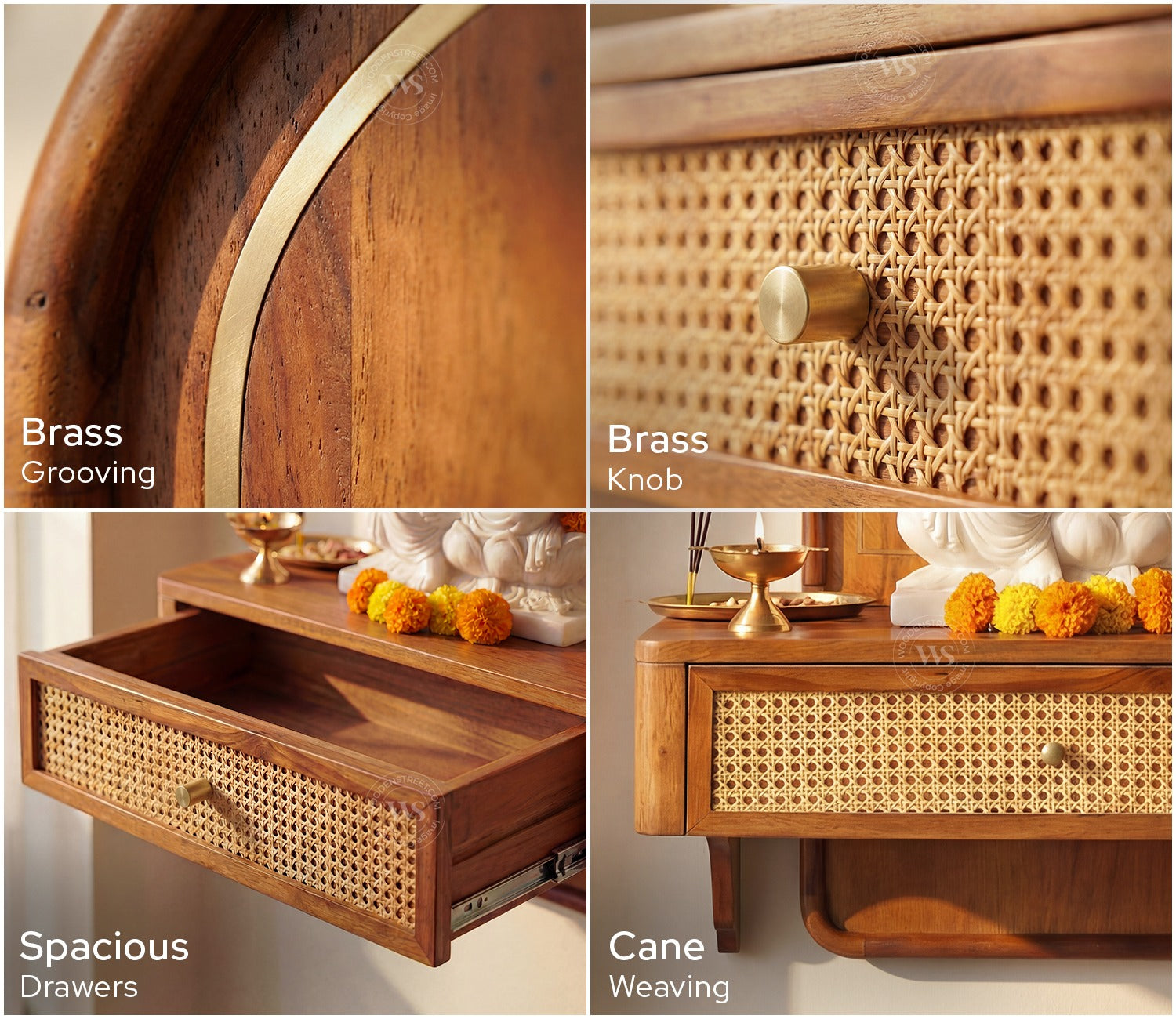 Shoonya Sheesham Wood Home Temple with Brass Detailing and Cane Accents (Teak Finish)