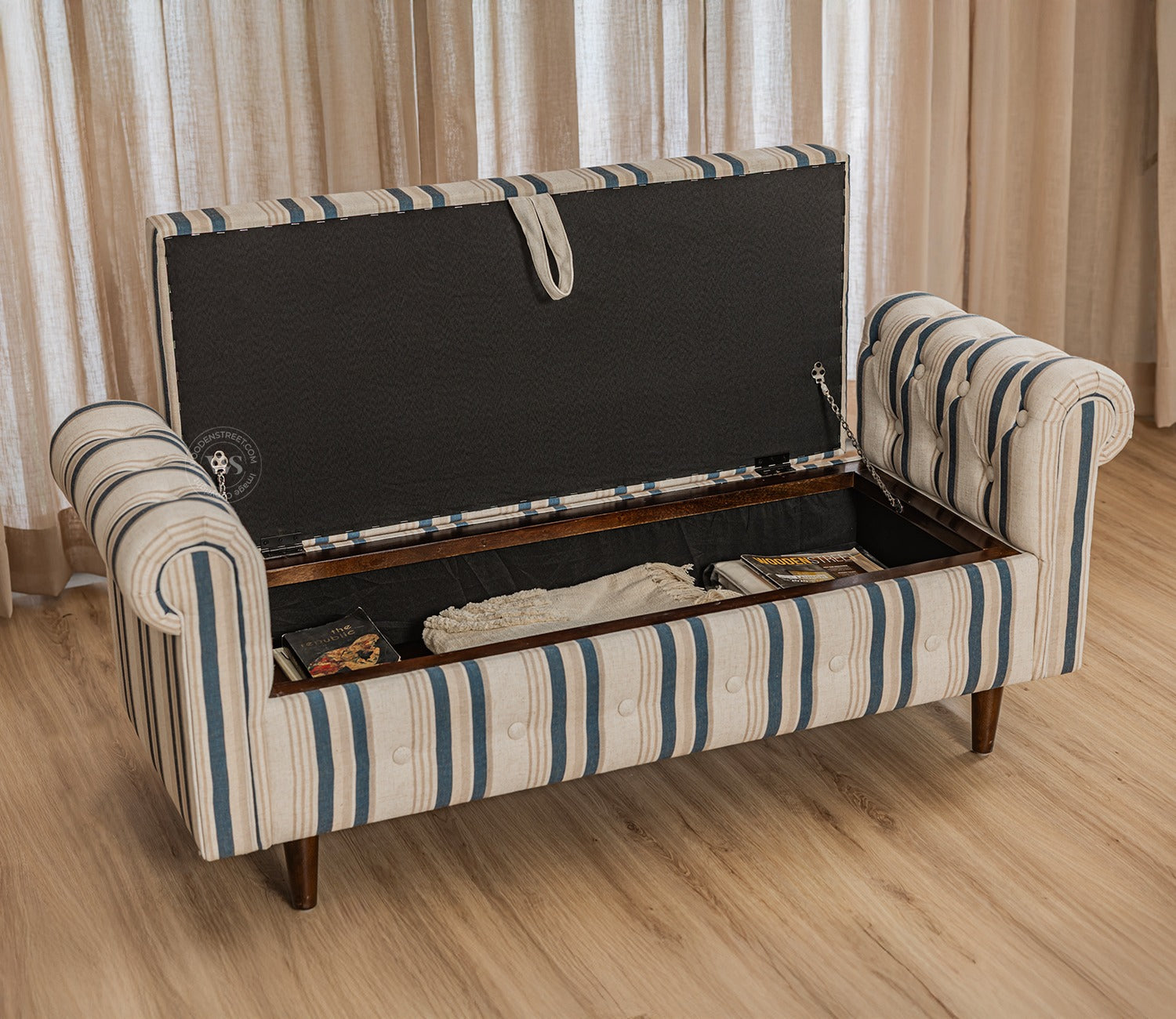 Velo Cushioned Hand Carved Sofa Bench With Hidden Storage (Blue Strip)