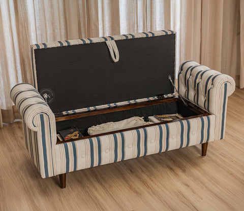 Velo Cushioned Hand Carved Sofa Bench With Hidden Storage (Blue Strip)