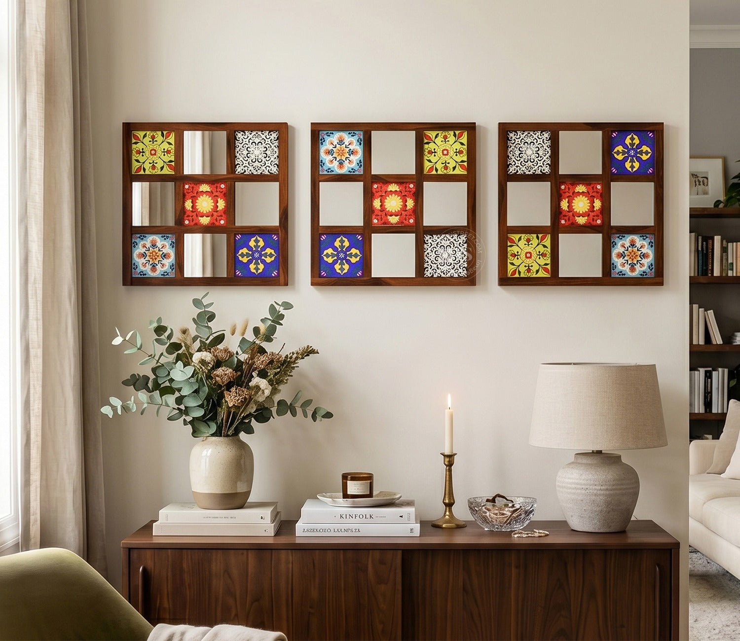 Bohemian Set of 3 Mirror with Frame (Walnut Finish)