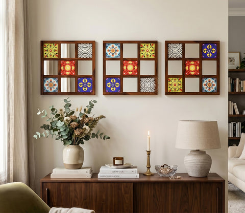 Bohemian Set of 3 Mirror with Frame (Walnut Finish)
