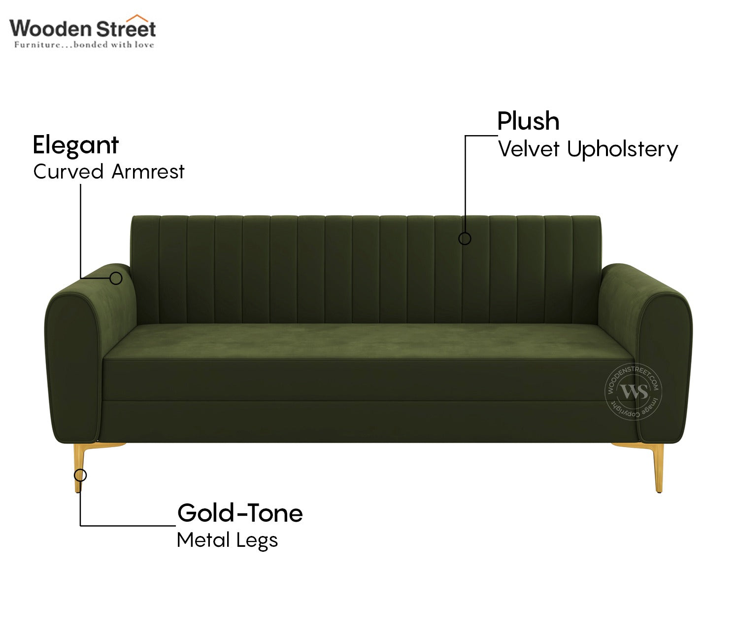 Medusa 3 Seater Fabric Sofa (Velvet, Dark Olive Green)