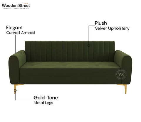 Medusa 3 Seater Fabric Sofa (Velvet, Dark Olive Green)