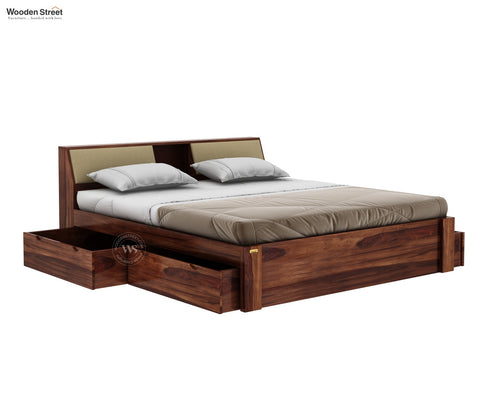 Walken Sheesham Wood Bed with Full Drawer Storage (Queen Size, Honey Finish)