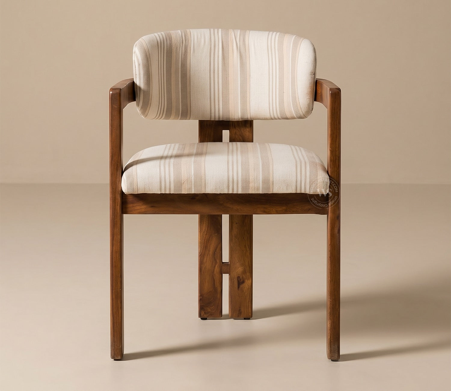 Kaaya Sheesham Wood Arm Chair With Premium Upholstery (Cream Stripes, Teak Finish)