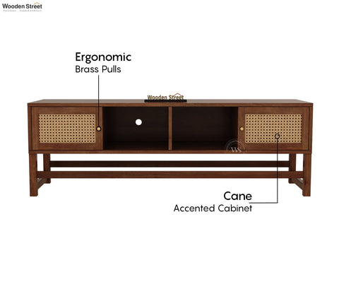 Imperio Premium Solid Wood TV Unit With Cane Door Cabinets & Open Shelves (Mango Wood, Honey Finish)