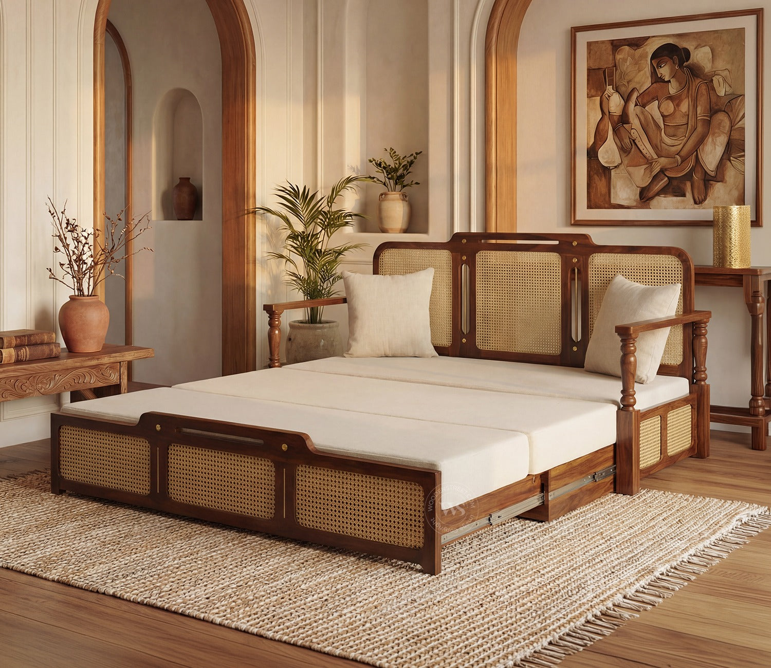 Ayaana Sheesham Wood 3 Seater Sofa Cum Bed with Cane Weaving | Opens to Double Bed (78x62) | Premium Upholstery | Sleeps 2 Adults (Teak Finish, Jade Ivory)