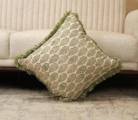 Green and White Floral Cotton Cushion Cover