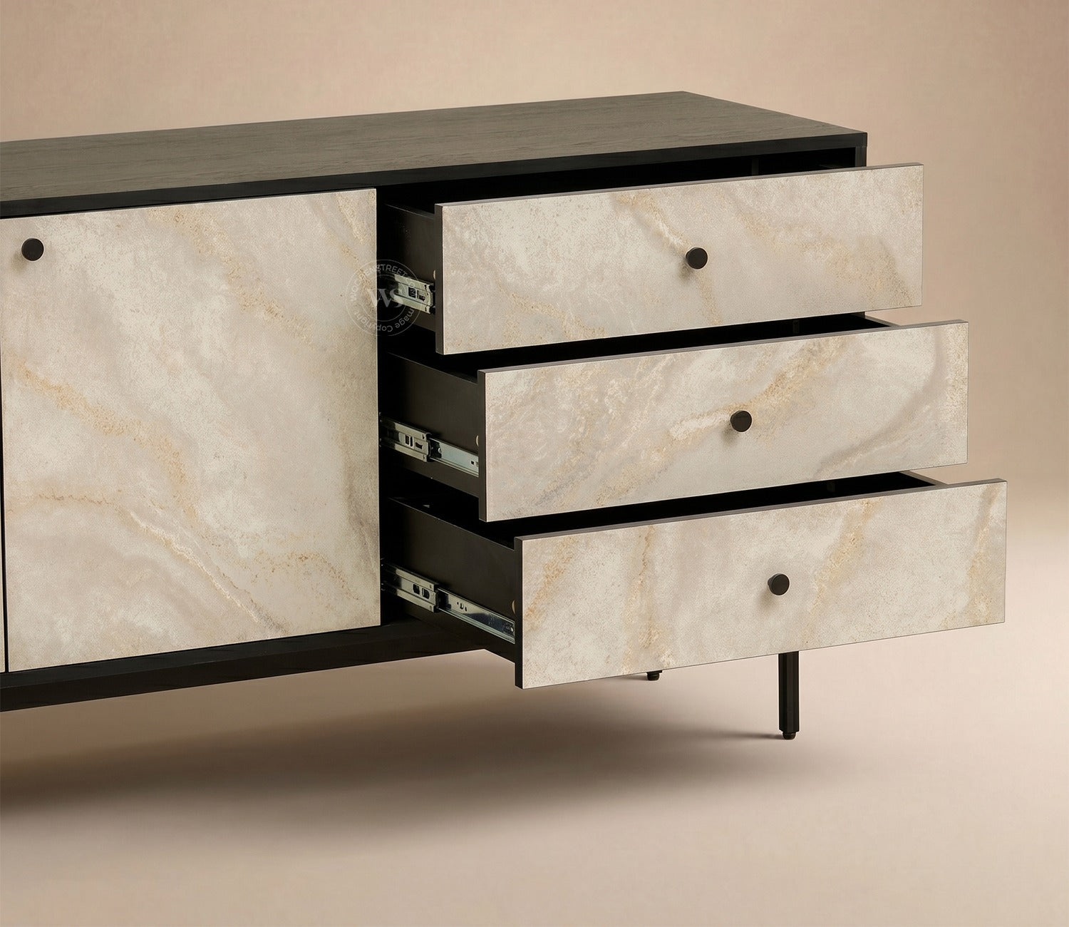 Marbay Modern Black Sideboard & Cabinet with Textured Front & Metal Base (Engineered Wood, Marble Pattern)