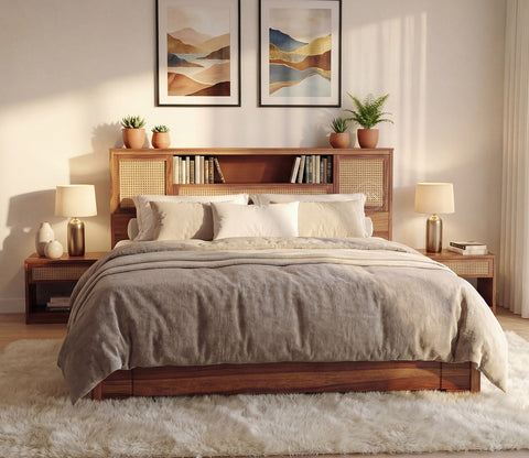 Ferguson Sheesham Wood Bed with Hydraulic Storage and Cane Detailing (King Size, Teak Finish)