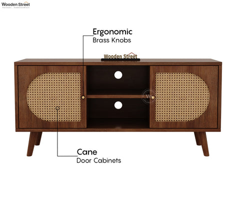 Astorio Premium Solid Wood TV Unit With Cane Door Cabinets & Open Shelves (Mango Wood, Honey Finish)