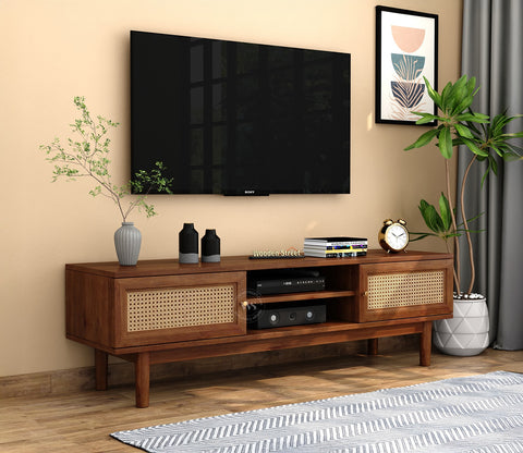 Caneva Premium Solid Wood TV Unit With Door Cabinets (Mango Wood, Teak Finish)