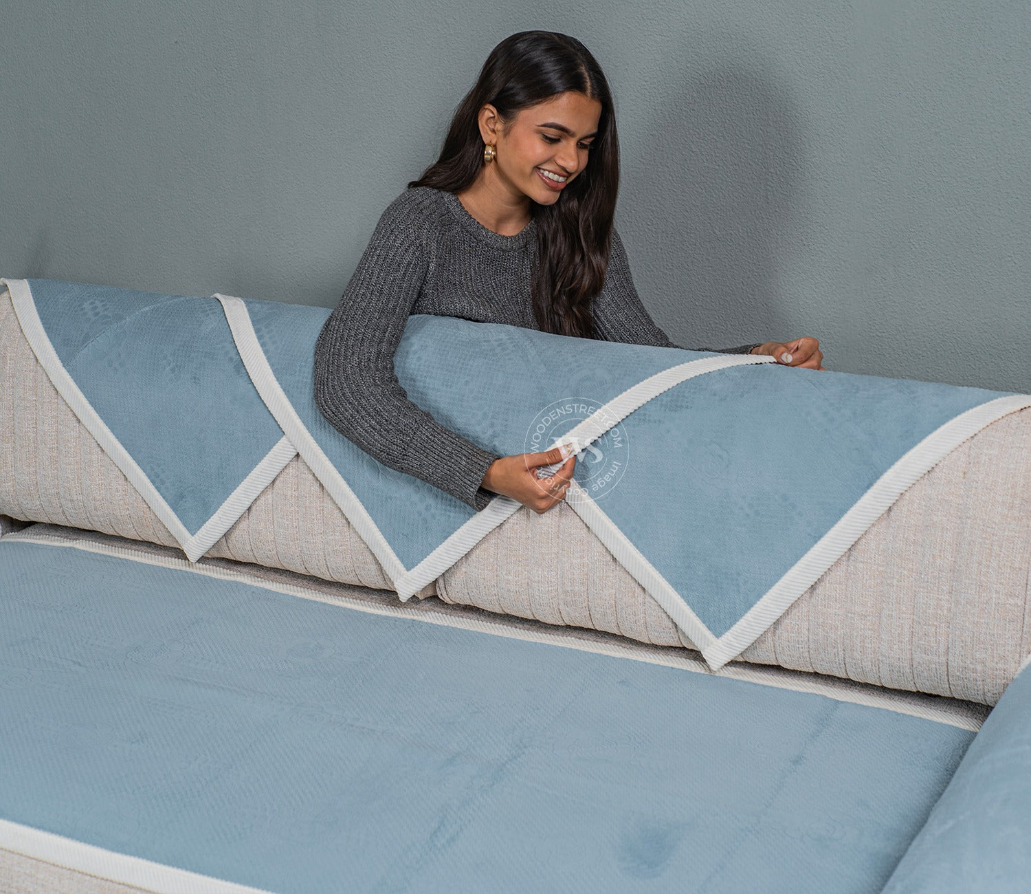 Radiant Blues Plain Designer 3 Seater Sofa Cover - Set of 8