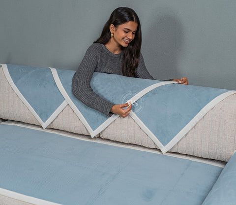Radiant Blues Plain Designer 3 Seater Sofa Cover - Set of 8