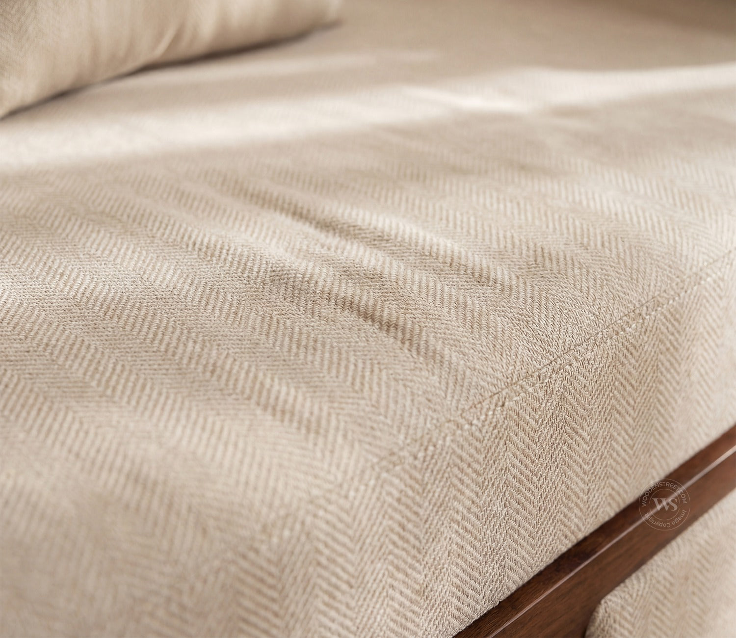 Vaastu 3-Seater Sheesham Wood Sofa Cum Bed in Premium Upholstery with Cane Weaving & Brass Accents (Teak Finish, Cottage Ivory)