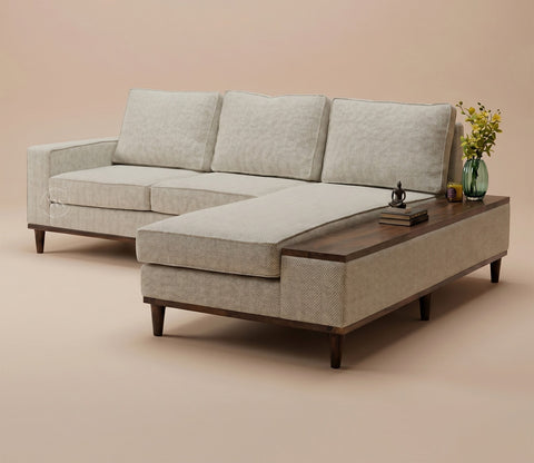 Ashion Premium Right Aligned L Shape Sofa with Built-in Side Wooden Deck (Cottage Ivory)