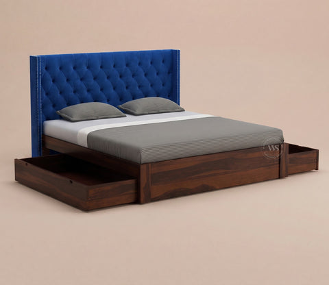 Drewno Sheesham Wood Upholstered Bed With Storage (King Size, Indigo Blue)