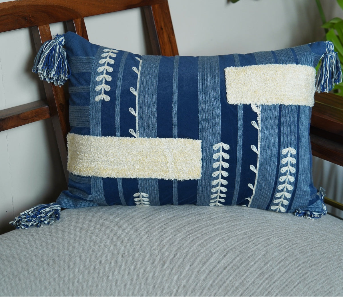 Abstract Tasseled Blue Cotton Cushion Cover -14 x 20