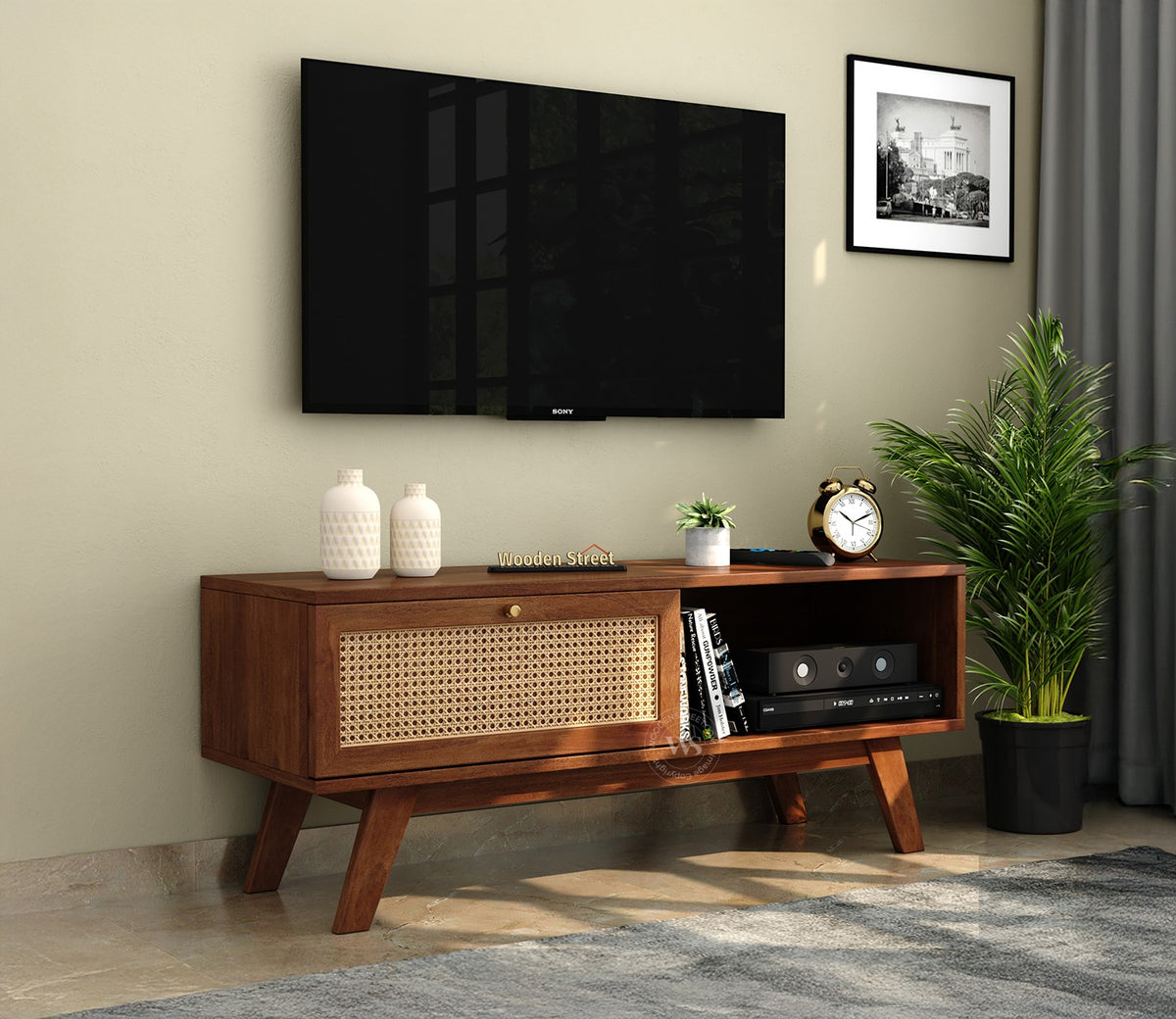 Droid Premium Solid Wood TV Unit With Pull-Down Door Cabinet, Open Shelf & Cane Detailing (Mango Wood, Teak Finish)