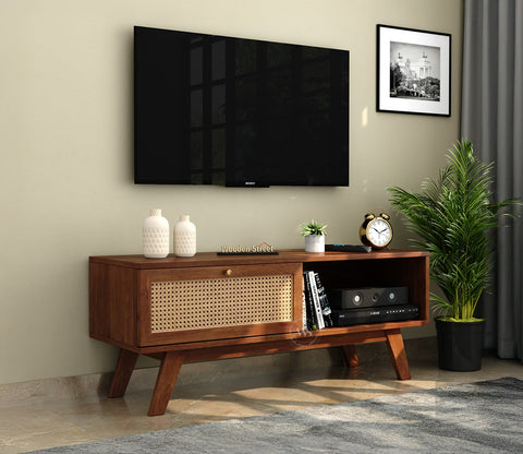 Droid Premium Solid Wood TV Unit With Pull-Down Door Cabinet, Open Shelf & Cane Detailing (Mango Wood, Teak Finish)