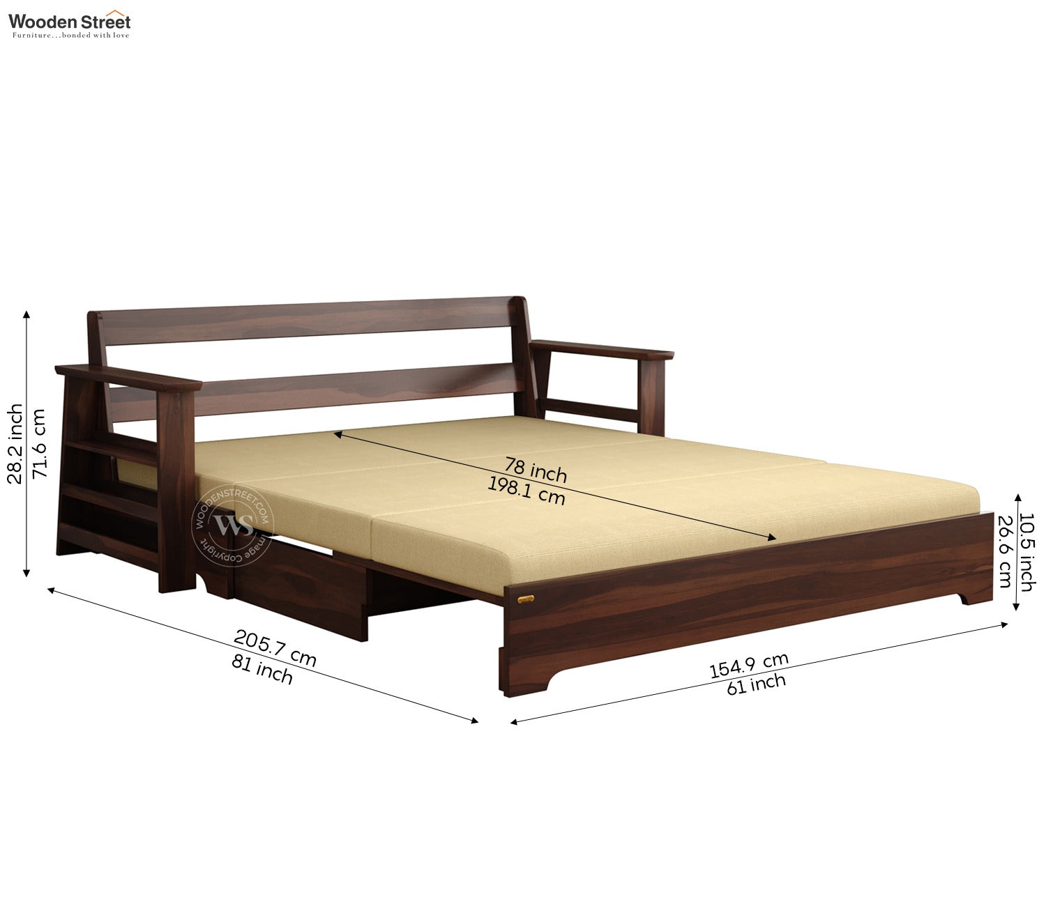 Della Sheesham Wood Sofa Cum Bed With Armrests (Walnut Irish Cream)