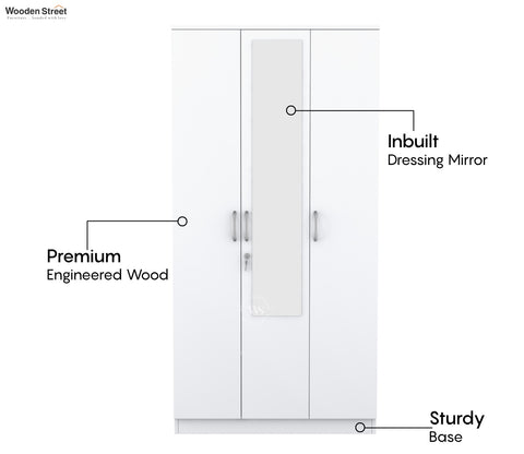 Kayden 3 Door Multi Utility Wardrobe With Mirror (Frosty White Finish)