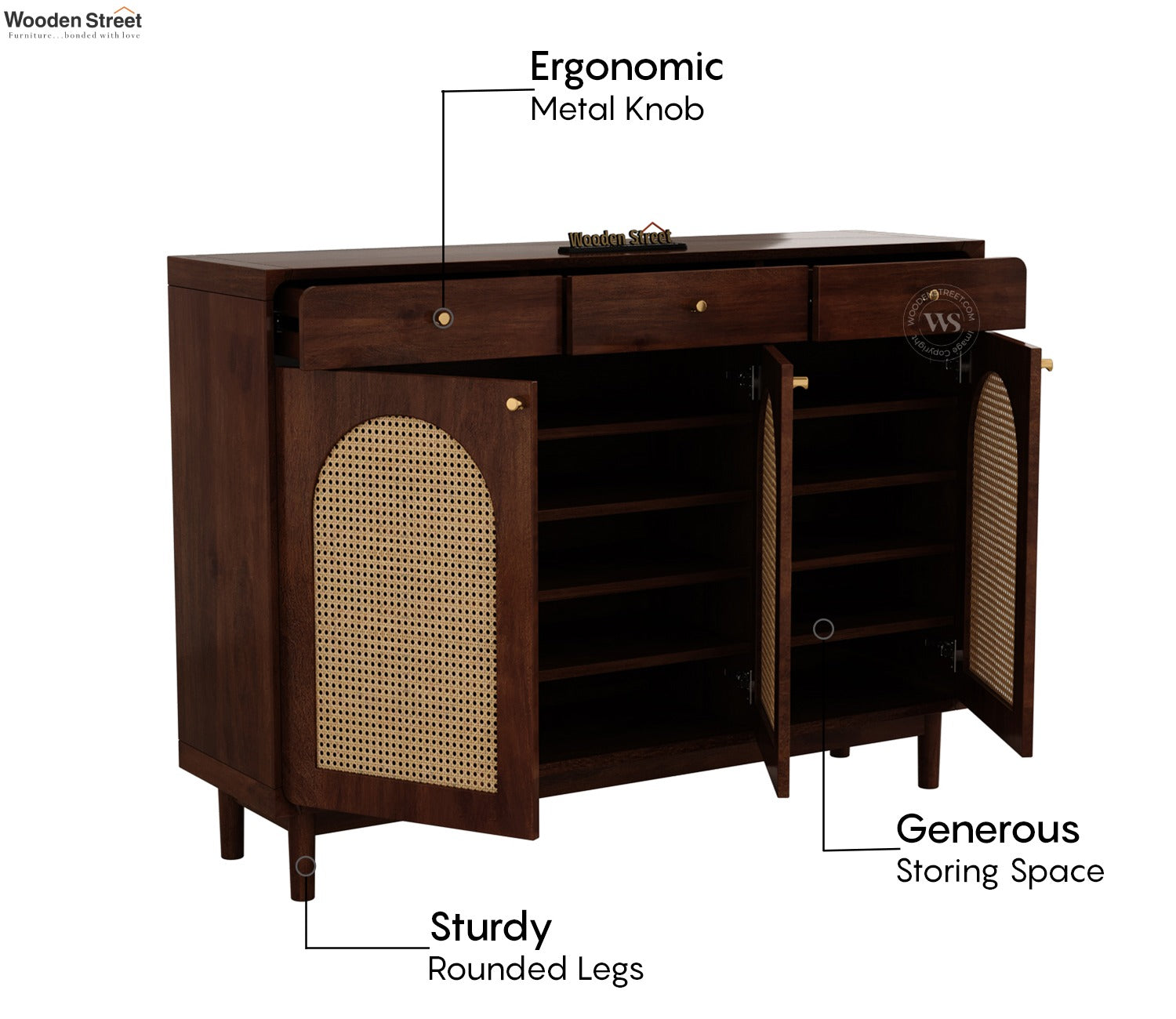 Mazie Premium Solid Wood Shoe Rack With Storage & Cane Detailing (Mango Wood, Teak Finish)