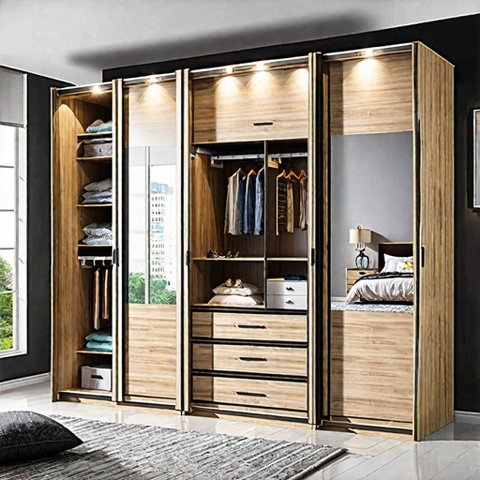 Trueliving 4 Door Sliding wardrobe Laminated Finish & PU Finish with Drawers (6Ft *2Ft *9Ft -1828.8MM X 609MM X 2743.2MM)