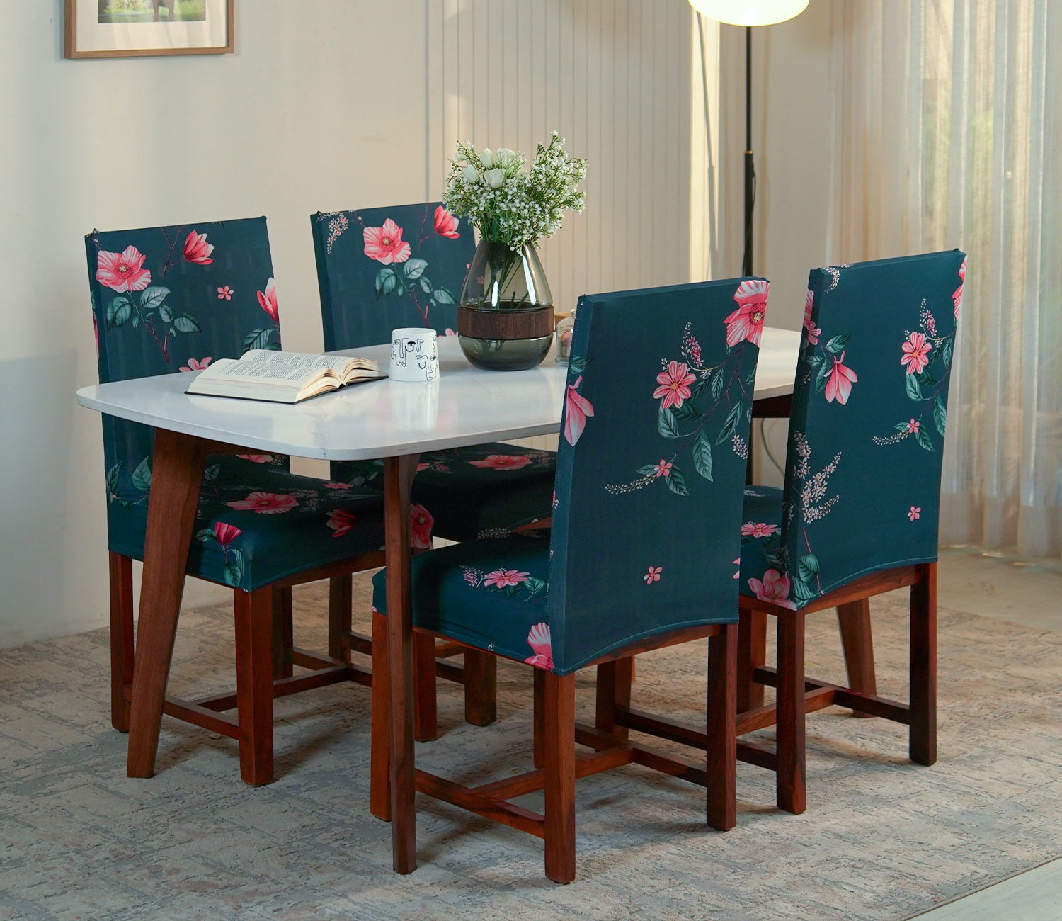 Flaubert Anti Slip Floral Printed Polyester Dining Chair Cover Set Of 4 (Blue)