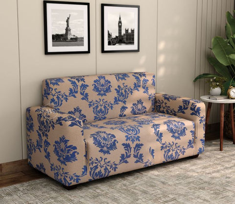 Grace Floral Printed Polyester Spandex 2 Seater Sofa Cover (Blue)