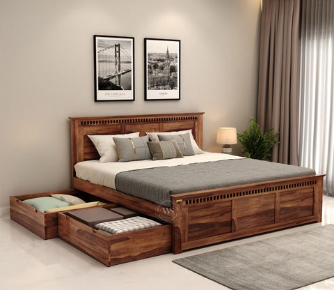 Adolph Sheesham Wood Queen Size Bed With Side Storage (Honey Finish)