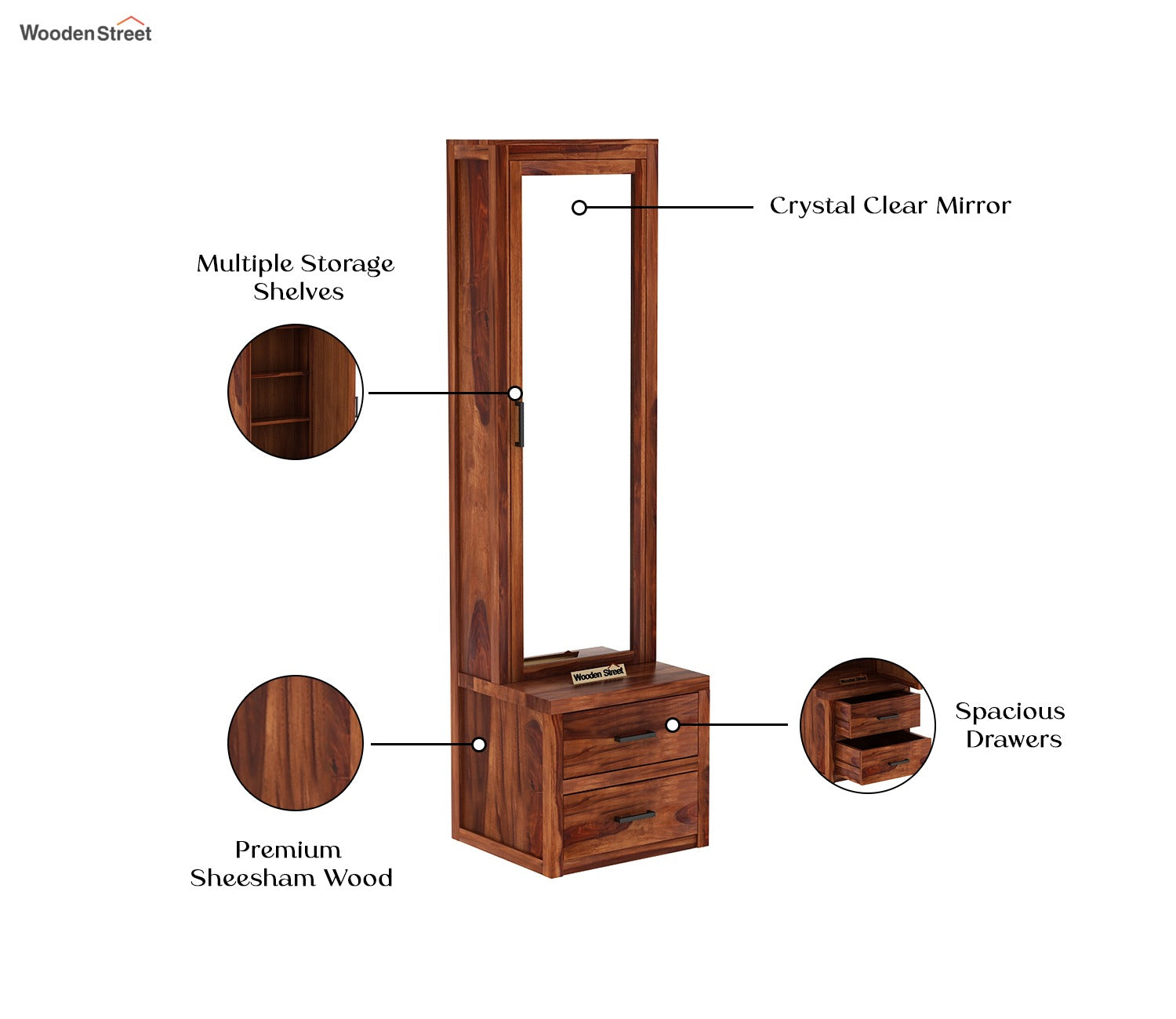 Aberdeen Sheesham Wood Dressing Table with Mirror and Drawers (Honey Finish)