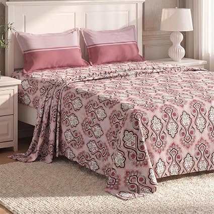 MYTRIDENT Urban Comfort Bedsheet for Double Bed, 144 TC, 100% Cotton Bedsheet with 2 Pillow Covers, Queen Size 228 cm x 254 cm, Delicate Blush