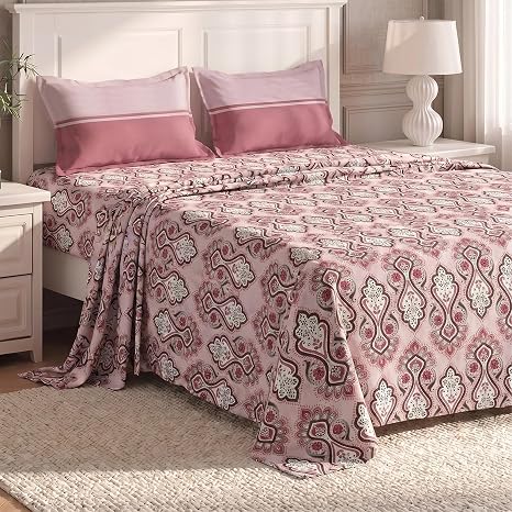 MYTRIDENT Urban Comfort Bedsheet for Double Bed, 144 TC, 100% Cotton Bedsheet with 2 Pillow Covers, Queen Size 228 cm x 254 cm, Delicate Blush