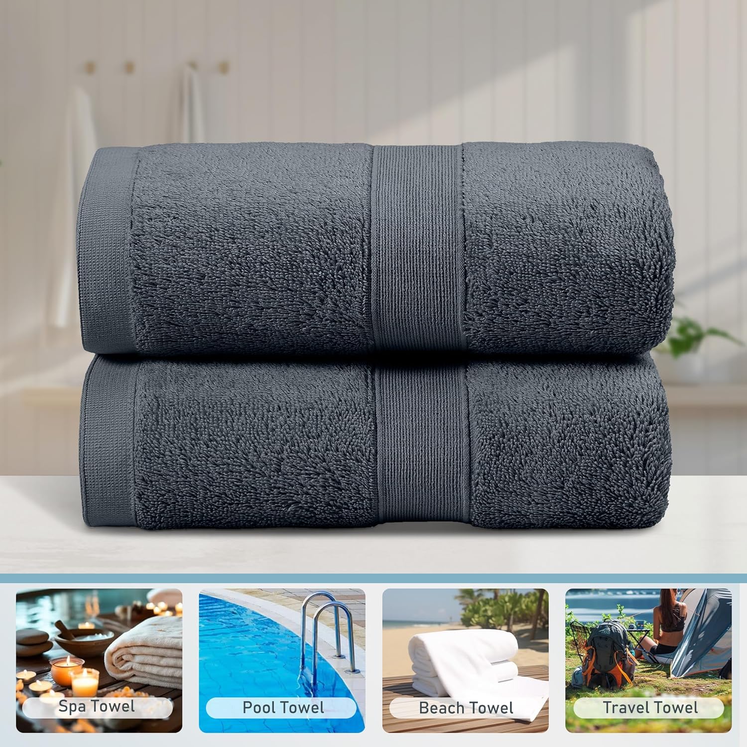 LINENOVA 2 Pack Large Bath Towels 90x180cm, 100% Cotton 550GSM Bath Sheet Soft Absorbent Quick Dry Extra Large Jumbo Beach Towels Set for Bathroom Spa Hotel - Charcoal