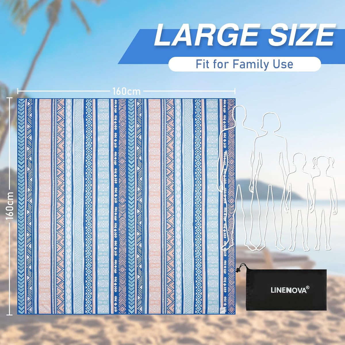 LINENOVA Oversized Microfiber Beach Towel-160x160cm Extra Large Size Quick Dry Sand Free Camping Blanket Travel Swim Yoga Mat - Aztec Stripe