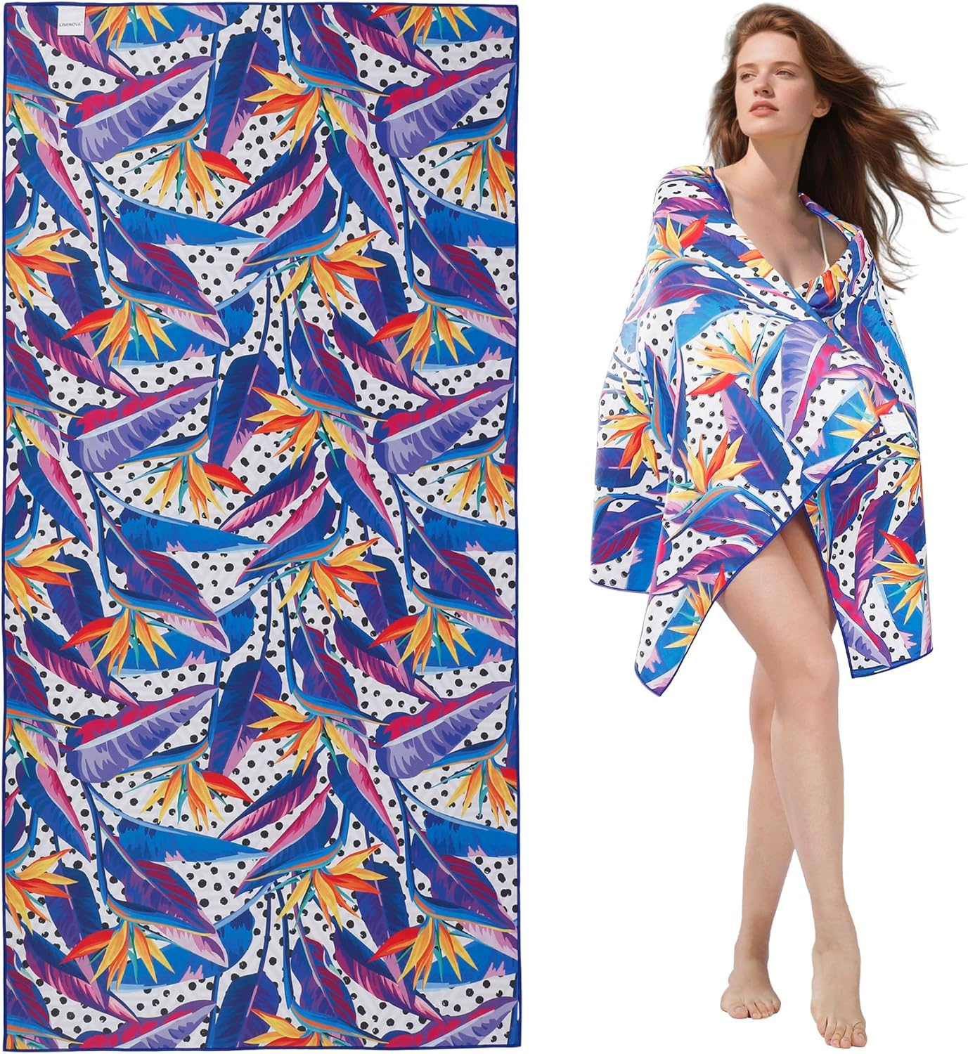 LINENOVA Microfiber Beach Towel 160x80cm, Dual-Sided Quick Dry Pool Towel with Pouch, Absorbent, Sand Free & Lightweight Compact Beach Blanket for Swimming, Yoga, Camping - Bird of Paradise